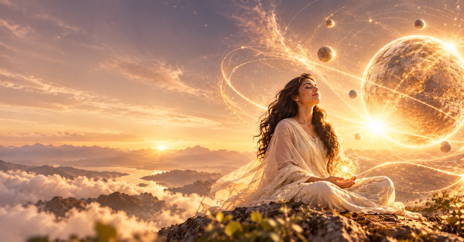 A woman in white meditating on a mountain top at sunrise, a glowing globe and orbiting neutrino trails above her