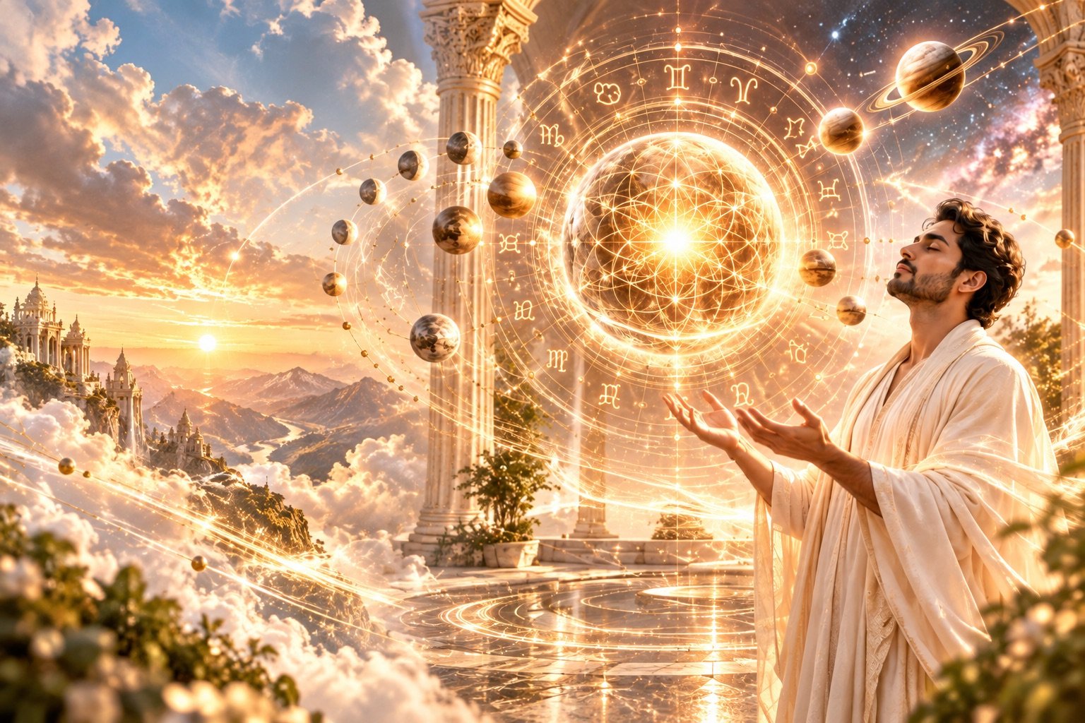 A seeker in white robes with eyes closed and open palms, beneath a glowing sacred-geometry sphere circled by the zodiac and orbiting planets
