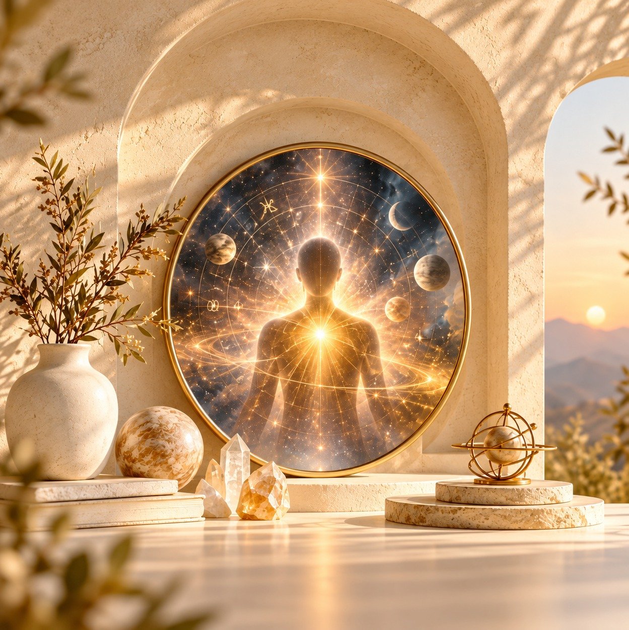 A luminous figure within a celestial chart, set in an arched plaster niche at golden hour