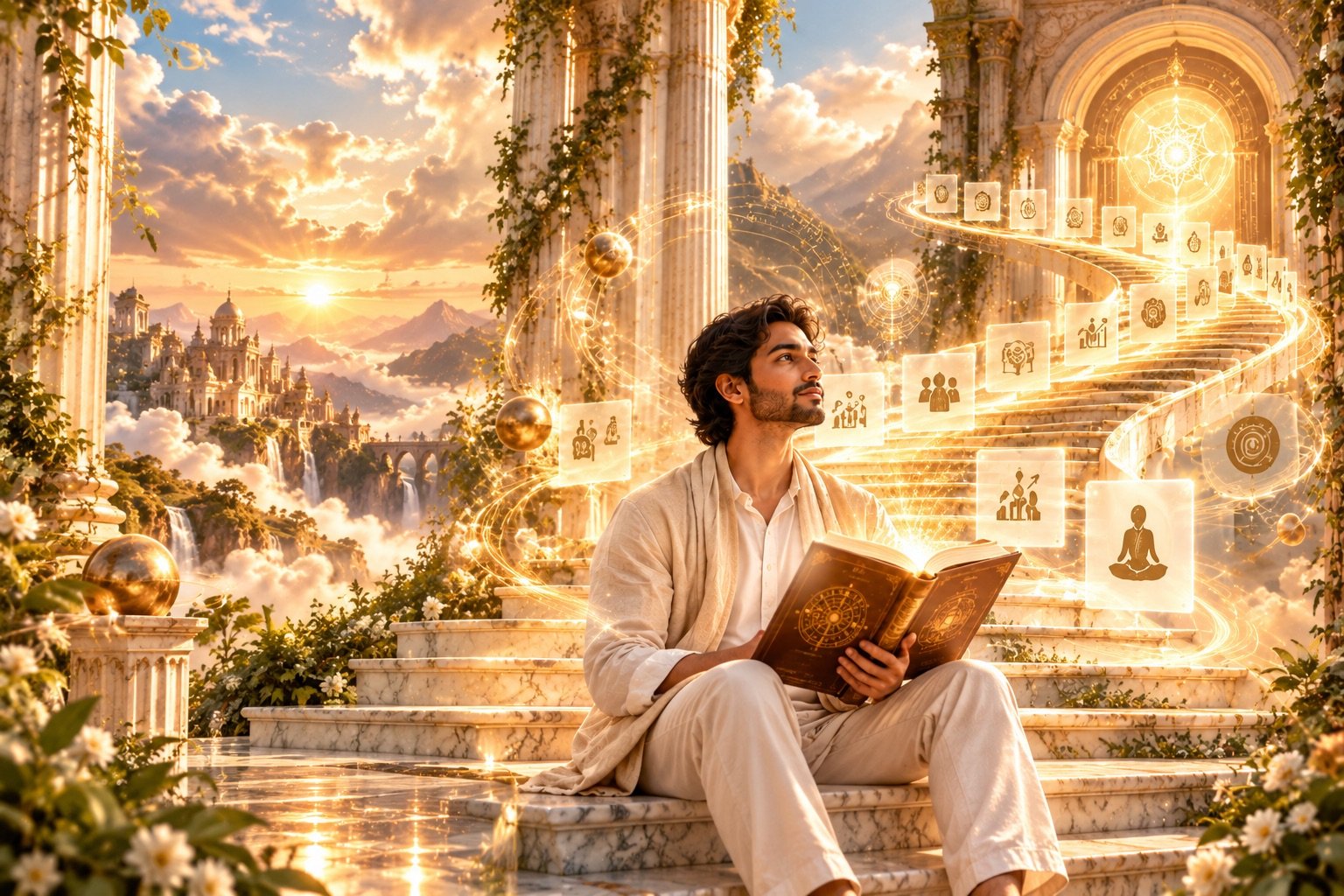 A young man seated on marble steps with an open astrological book, gazing up a glowing spiral staircase of training milestones that rises toward a radiant sacred archway