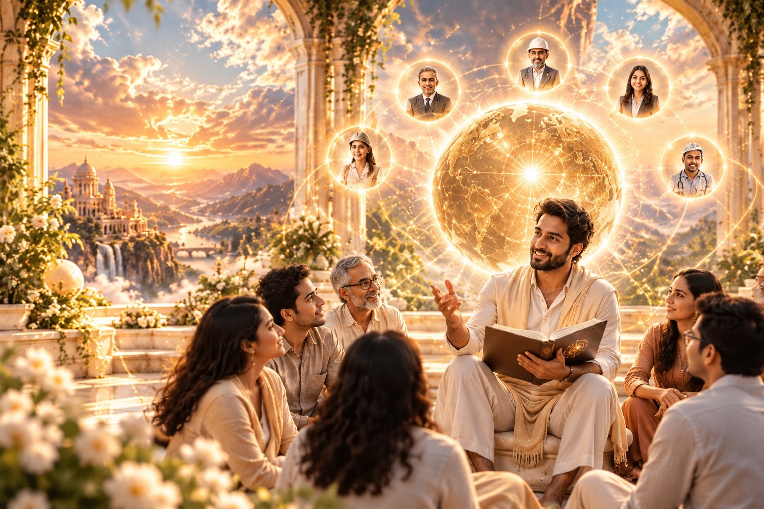 An associate sitting with an open book, explaining to a circle of listeners in a sunlit garden pavilion, beneath a glowing globe linked to portraits of professionals
