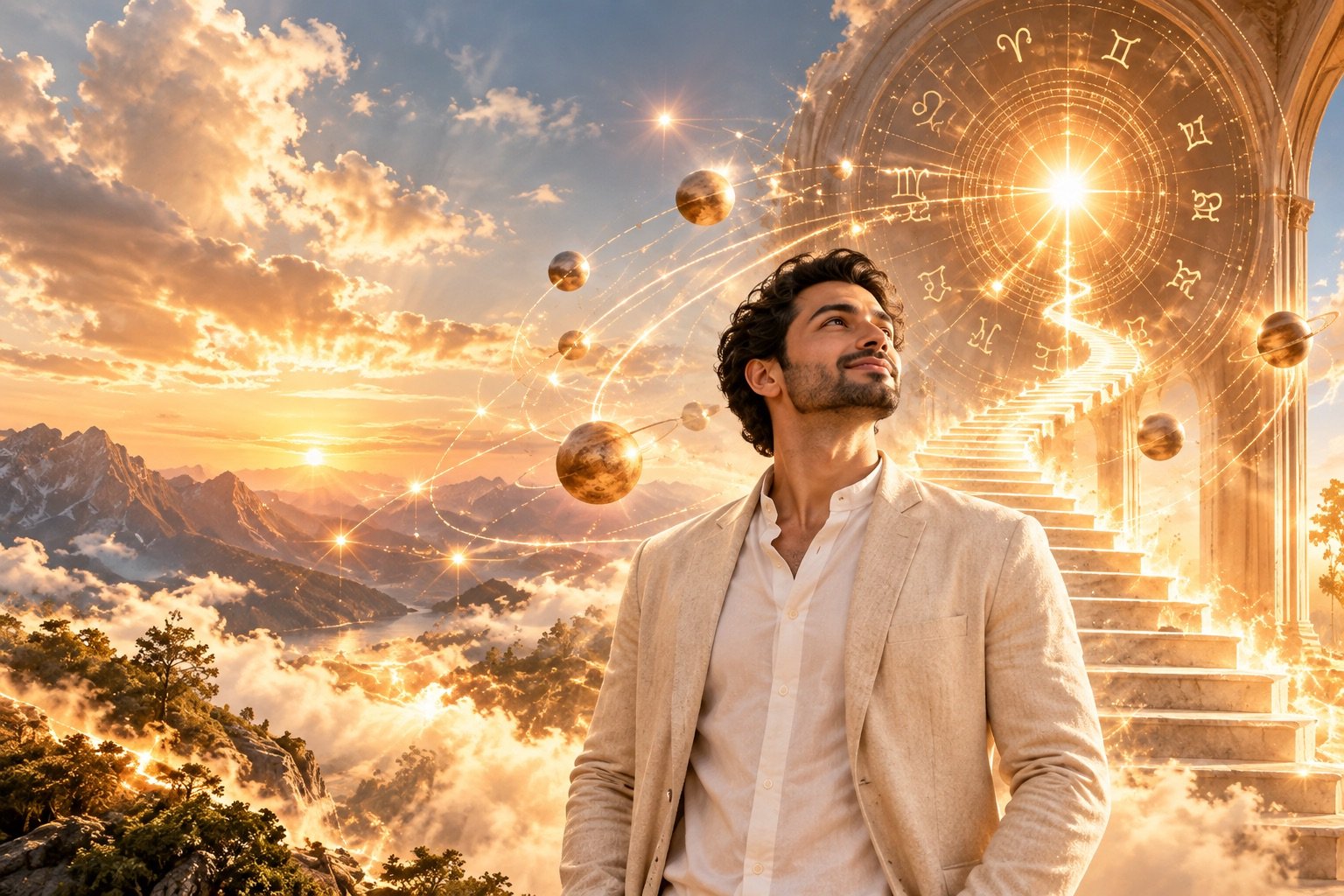 A confident man in a linen blazer gazing upward at a golden zodiac wheel and orbiting planets, with a luminous staircase rising toward the heavens, representing the Career and Job Success Code