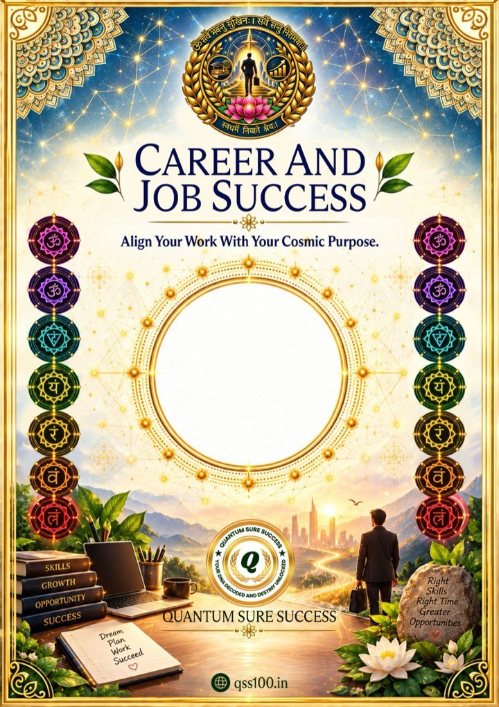 Career and Job Success poster: a professional walking towards a sunrise city skyline with the seven chakras