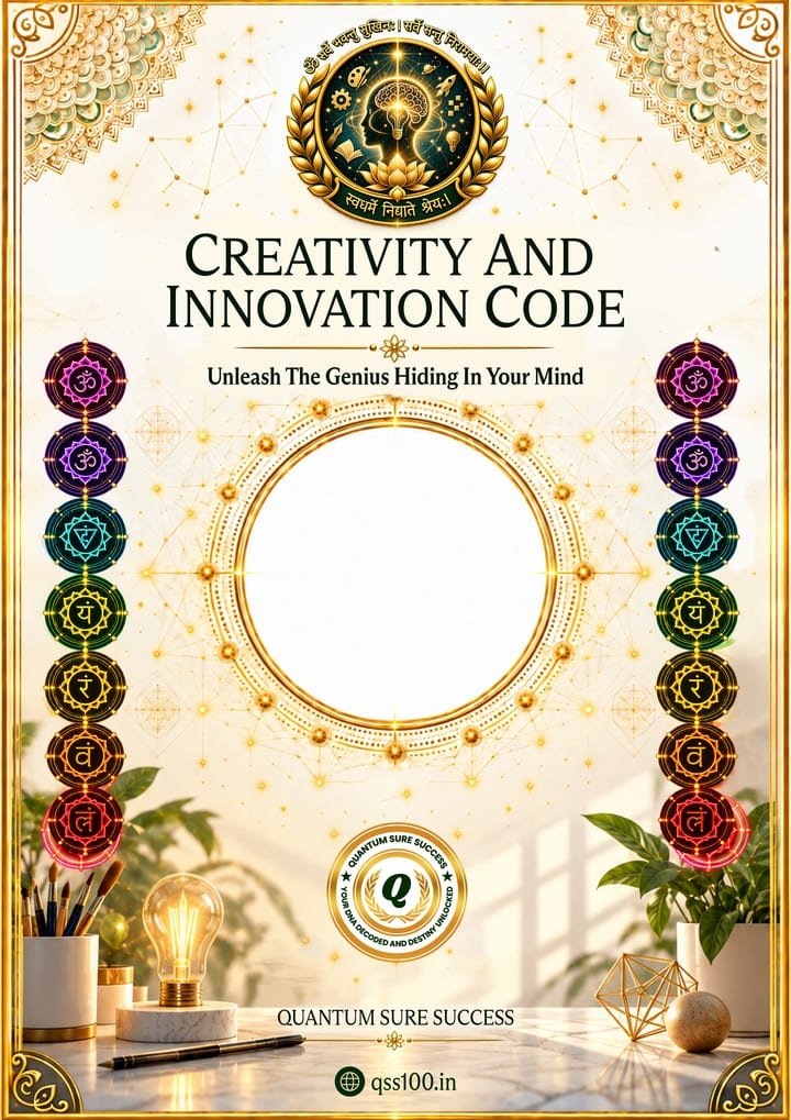Creativity and Innovation Code poster: a glowing light bulb, paintbrushes and a pen on a sunlit desk with the seven chakras around a sacred circle