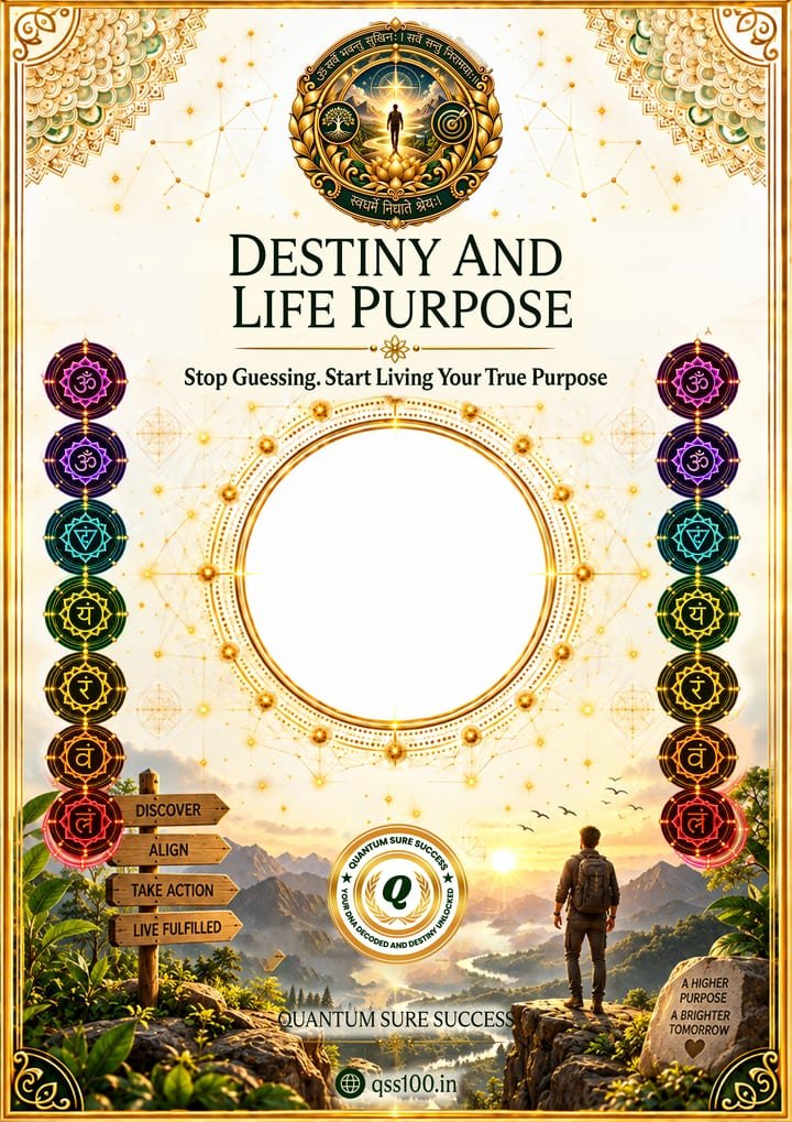 Destiny and Life Purpose poster: a hiker on a cliff facing a sunrise valley beside a signpost, with the seven chakras around a sacred circle