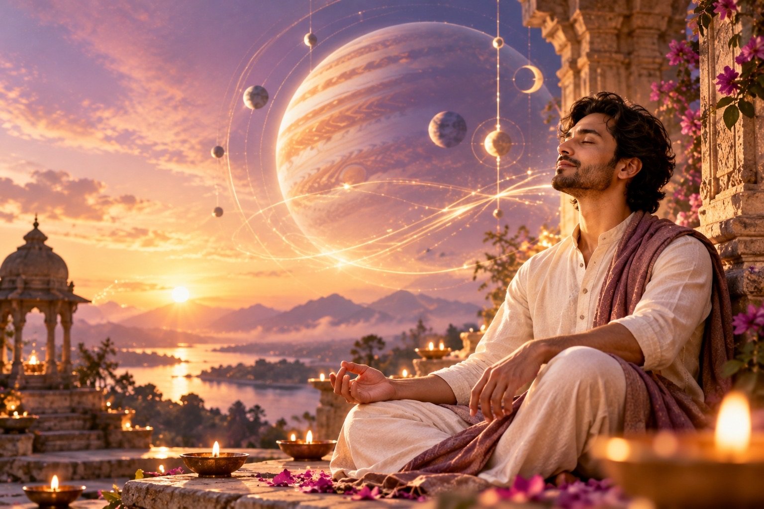 A man meditating with eyes closed against a carved temple pillar at sunset, lit diyas and flower petals around him, beneath a vast glowing Jupiter and orbiting planets over a lake valley