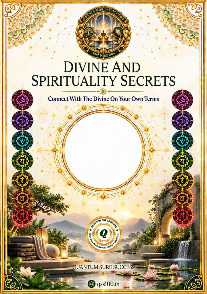 Divine and Spirituality Secrets poster: a lantern-lit lakeside sanctuary with a waterfall, lotus flowers and the seven chakras around a sacred circle