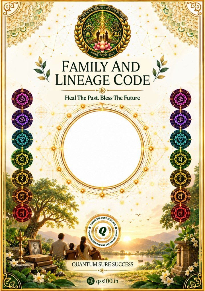 Family and Lineage Code poster: a family under a banyan tree at golden hour with the seven chakras