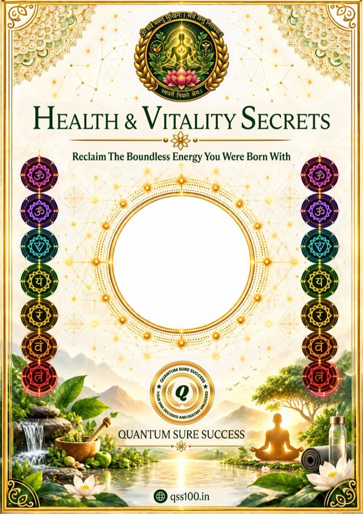 Health & Vitality Secrets poster: a meditating figure by a waterfall with herbs, lotus flowers and the seven chakras