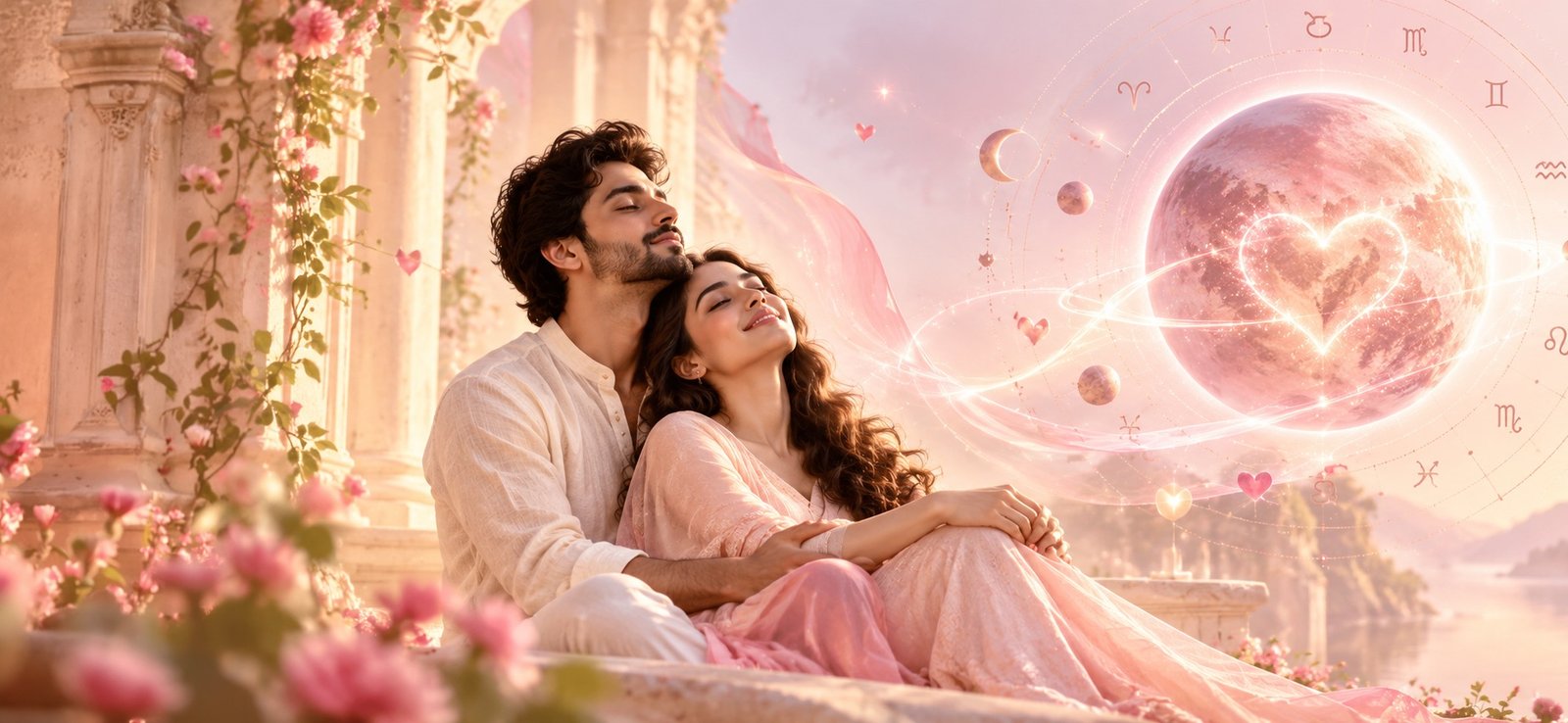A couple resting together, eyes closed, in a rose-filled pavilion beneath a glowing rose planet marked with a heart and ringed by the zodiac, representing the Love and Relationship Code