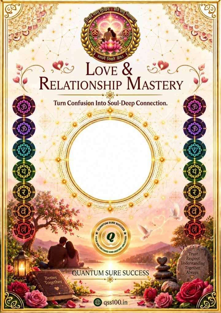 Love & Relationship Mastery poster: a couple at sunset with roses, doves and the seven chakras