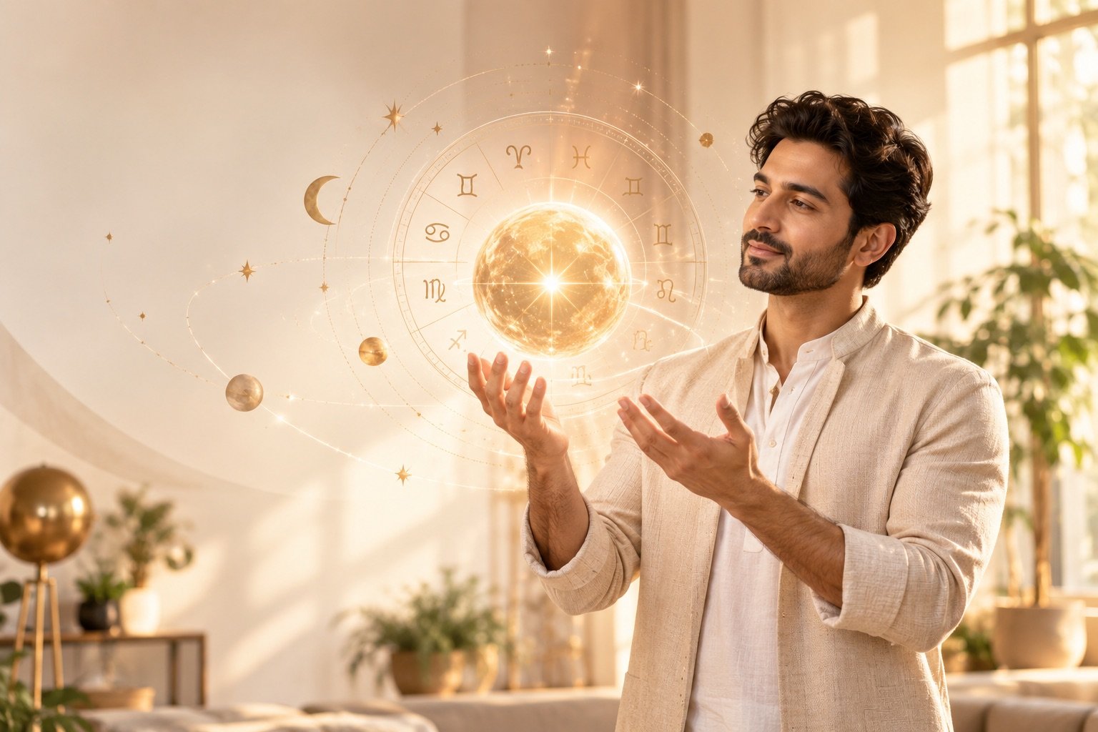 A man in a sunlit room holding a glowing golden orb ringed by the zodiac, representing the Money and Wealth Code