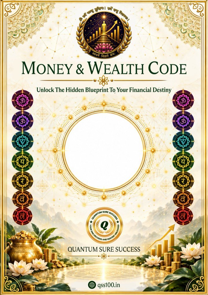 Money & Wealth Code poster: a golden treasure pot, lotus flowers and the seven chakras around a sacred circle