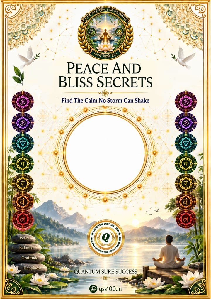 Peace and Bliss Secrets poster: a figure meditating on a lakeside jetty at sunrise with lotus flowers, doves and the seven chakras around a sacred circle