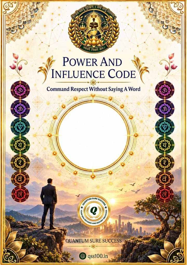 Power and Influence Code poster: a leader in a suit overlooking a sunrise city from a cliff, with a crowned emblem and the seven chakras
