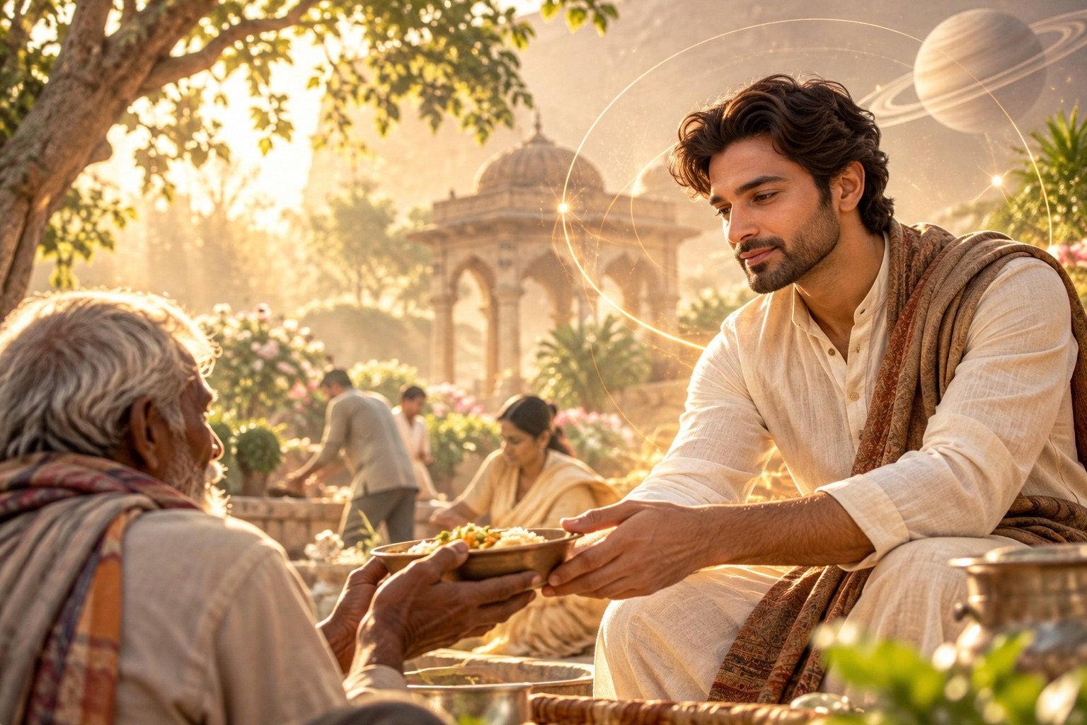 A man in white linen handing a bowl of food to an elderly man in a sunlit temple garden, with others serving in the background and Saturn glowing in the sky, representing the Service and Philanthropy Code