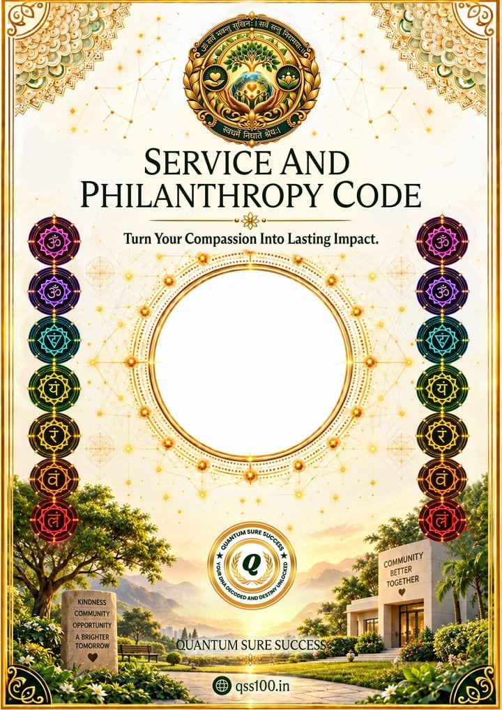 Service and Philanthropy Code poster: a community centre and garden at golden hour with the seven chakras around a sacred circle