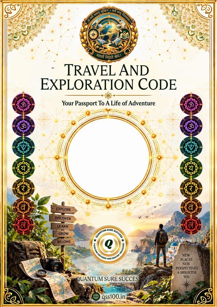 Travel and Exploration Code poster: a backpacker overlooking a coastal bay beside a signpost, map and camera, with the seven chakras around a sacred circle